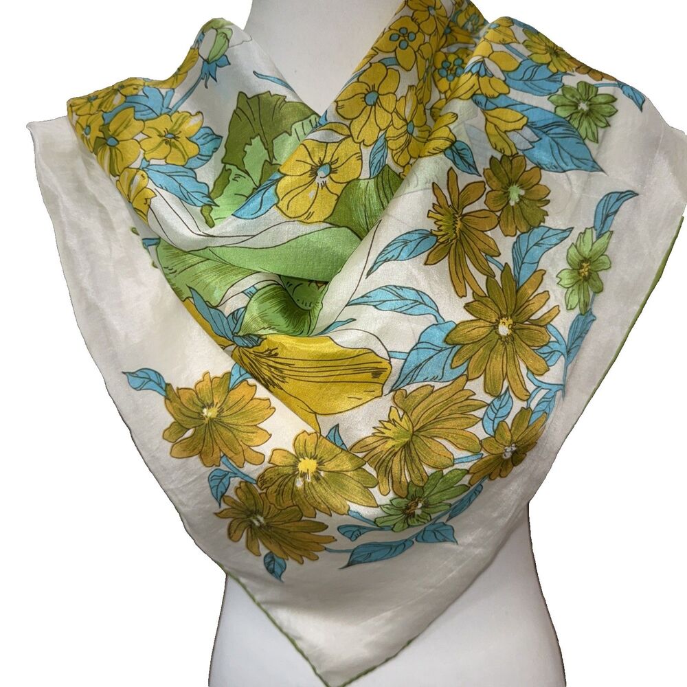 Vintage Hand Printed Silk Floral Scarf Yellow Green Blue Boho Luxe 28.5 Square